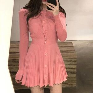 NEW Pink Ribbed Knit Button Front Pleated Long Sleeve Mini Sweater Dress